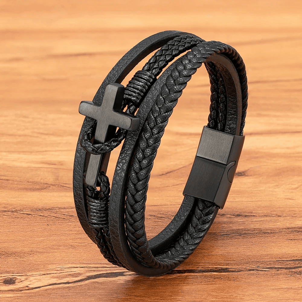 Tri - Color Stainless Steel Cross & Braided Leather Fashion Bracelet