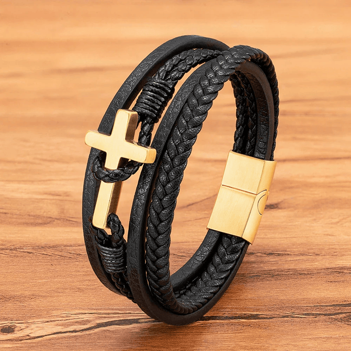 Tri - Color Stainless Steel Cross & Braided Leather Fashion Bracelet