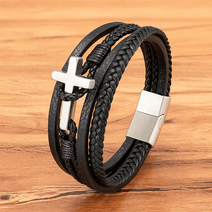 Tri - Color Stainless Steel Cross & Braided Leather Fashion Bracelet