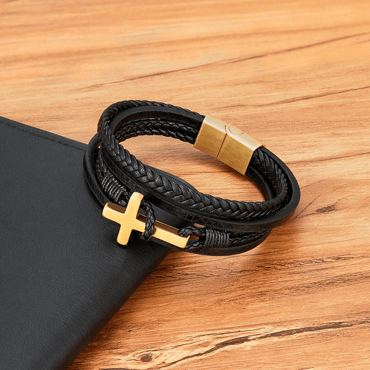 Tri - Color Stainless Steel Cross & Braided Leather Fashion Bracelet