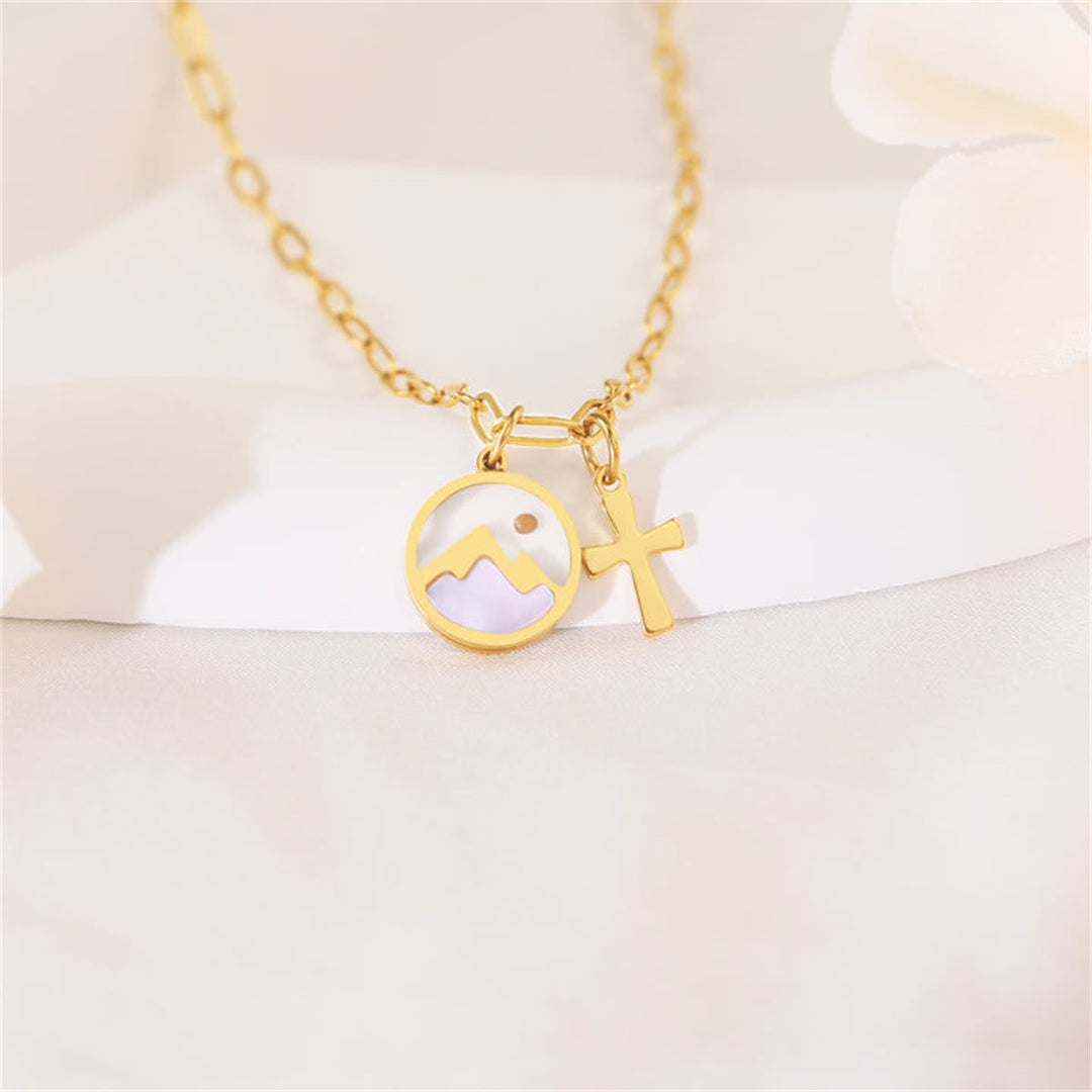 Golden Cross, Mountain & Mustard Seed Pendant Necklace: Faith Meets Nature