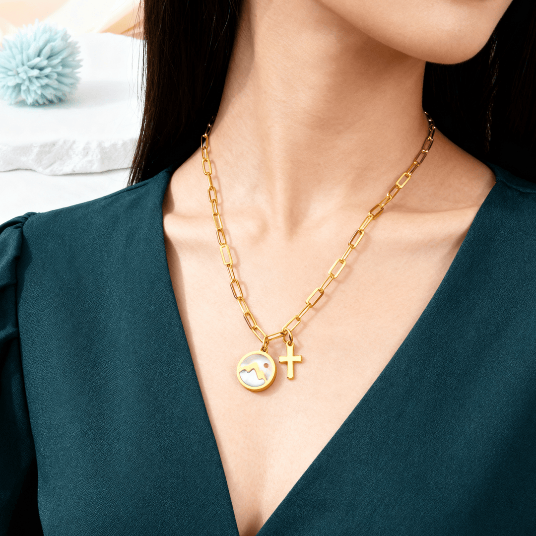 Golden Cross, Mountain & Mustard Seed Pendant Necklace: Faith Meets Nature