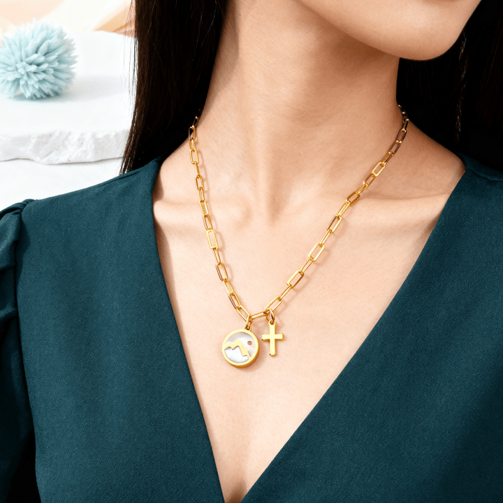 Golden Cross, Mountain & Mustard Seed Pendant Necklace: Faith Meets Nature