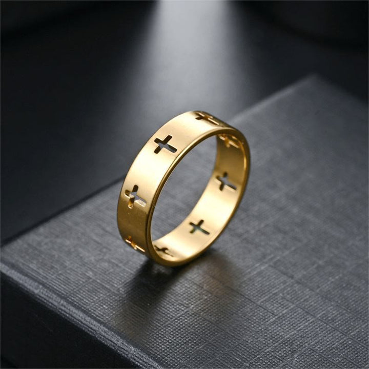 Multi - Cross Cutout Band Ring: Two - Color Stainless Steel Faith Jewelry