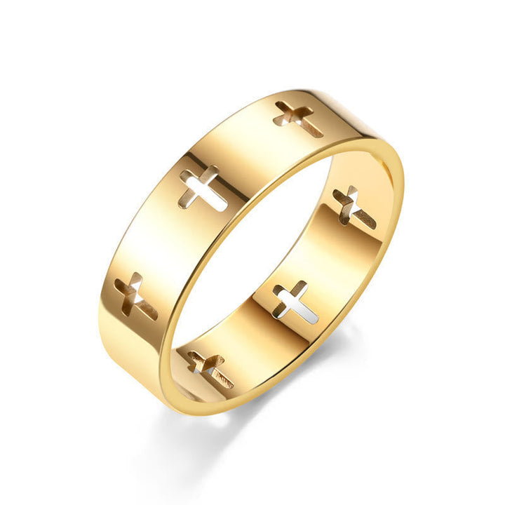 Multi - Cross Cutout Band Ring: Two - Color Stainless Steel Faith Jewelry