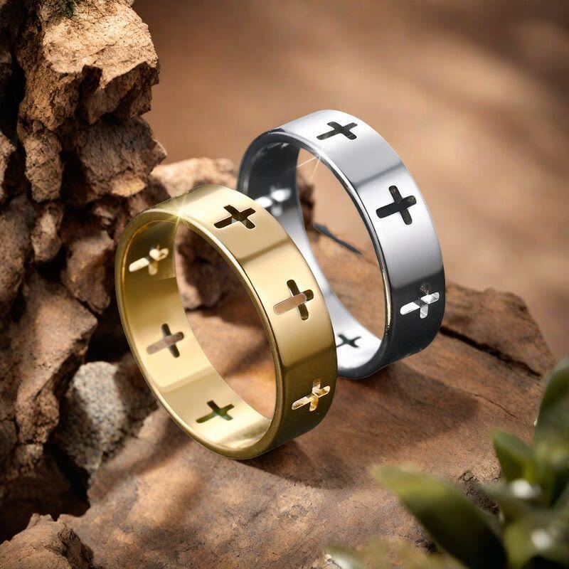 Multi - Cross Cutout Band Ring: Two - Color Stainless Steel Faith Jewelry