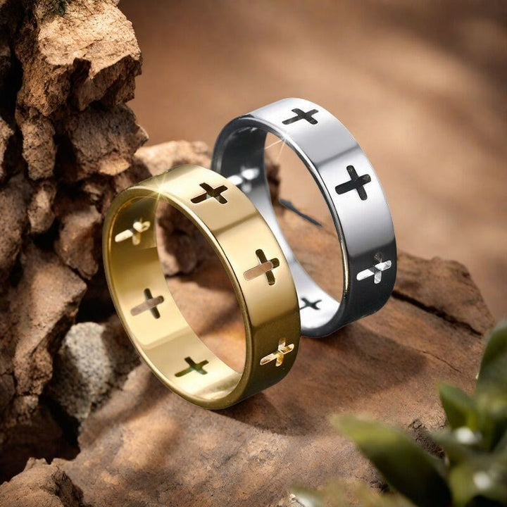 Multi - Cross Cutout Band Ring: Two - Color Stainless Steel Faith Jewelry