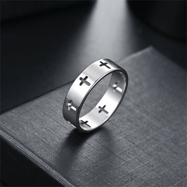 Multi - Cross Cutout Band Ring: Two - Color Stainless Steel Faith Jewelry