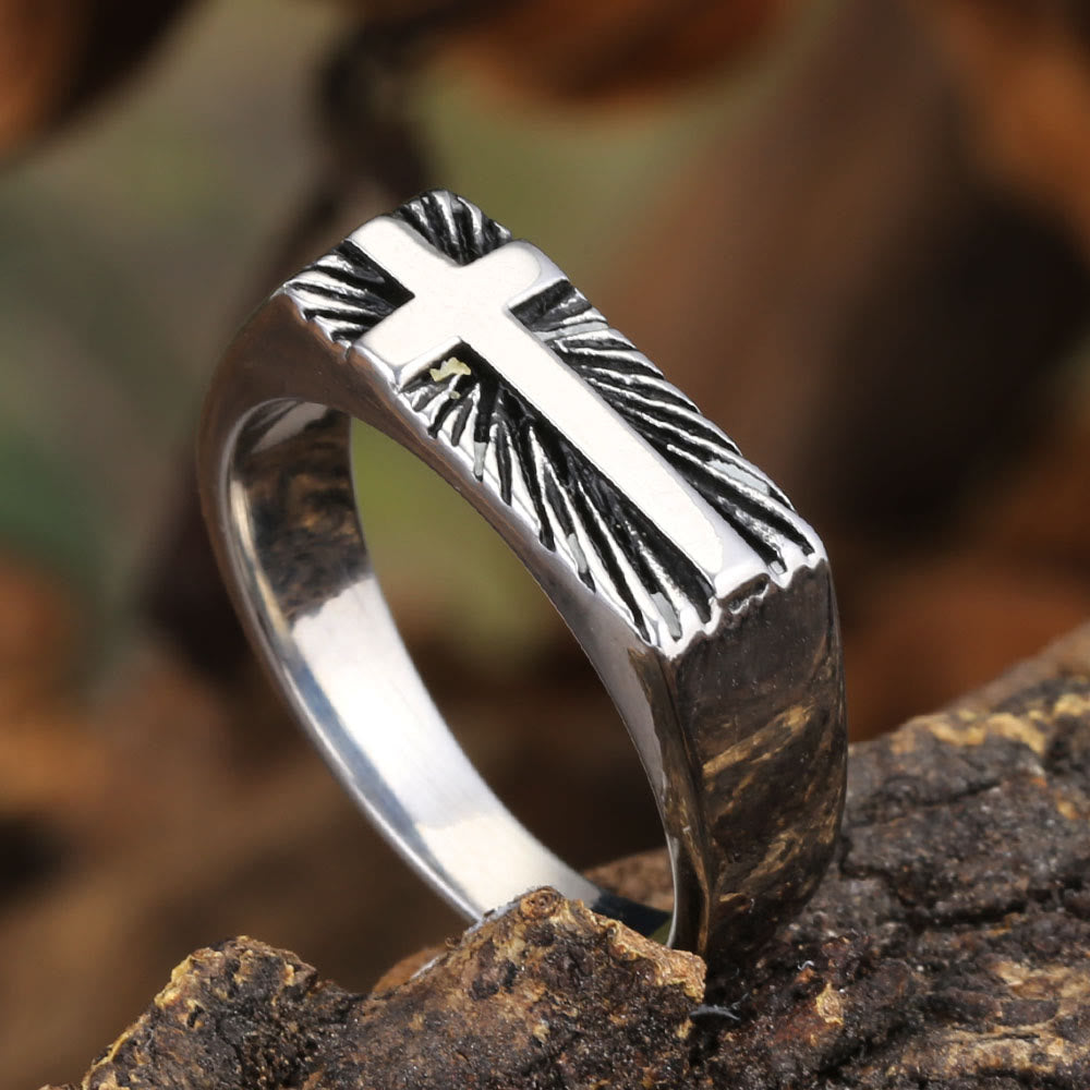 Edgy Religious Cross Ring: Stainless Steel with Radiant Detailing