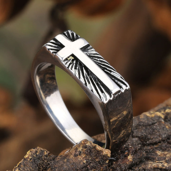 Edgy Religious Cross Ring: Stainless Steel with Radiant Detailing