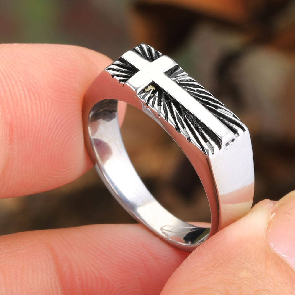 Edgy Religious Cross Ring: Stainless Steel with Radiant Detailing