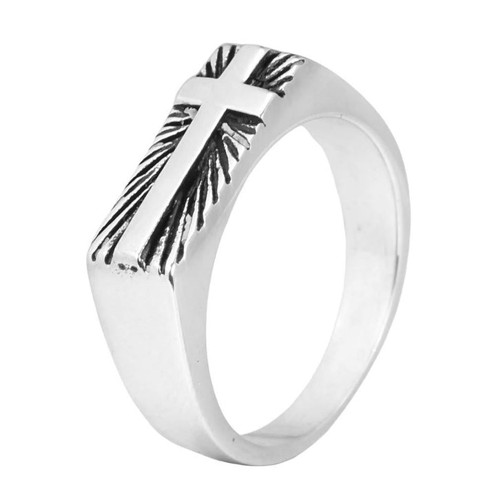 Edgy Religious Cross Ring: Stainless Steel with Radiant Detailing