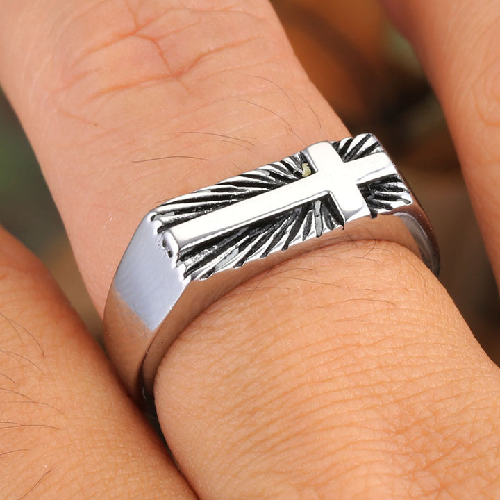 Edgy Religious Cross Ring: Stainless Steel with Radiant Detailing