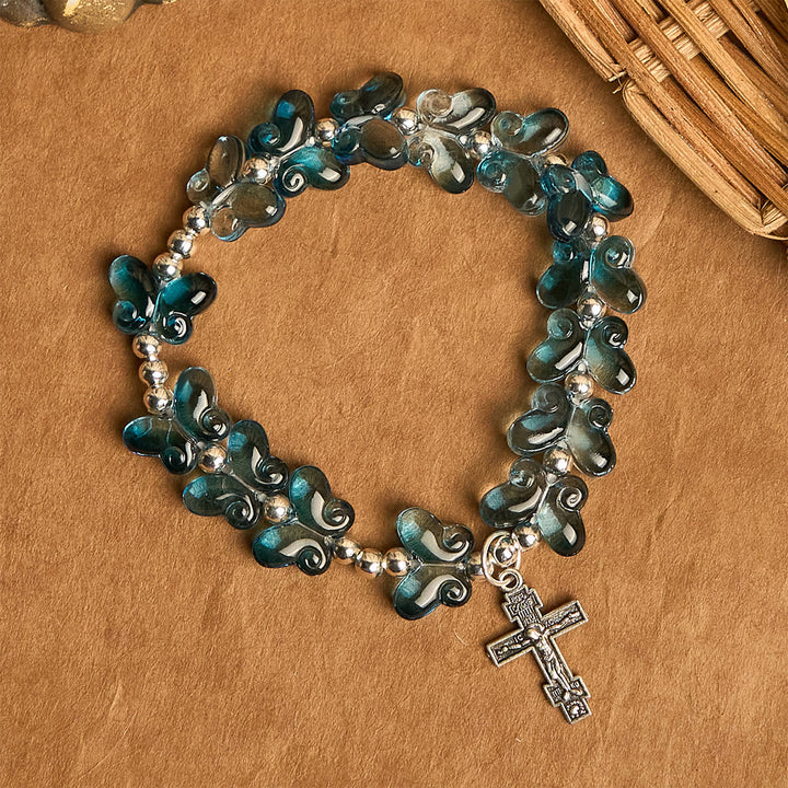 Wings of Devotion Shimmering Blue Butterfly Prayer Bracelet, Animal Rosary