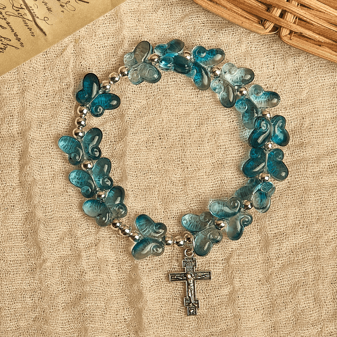 Wings of Devotion Shimmering Blue Butterfly Prayer Bracelet, Animal Rosary