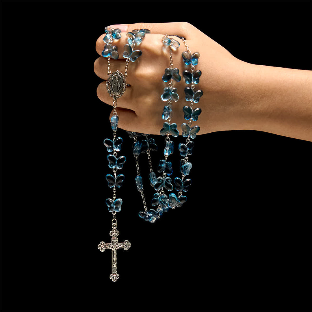 Wings of Devotion Shimmering Blue Butterfly Prayer Bracelet, Animal Rosary