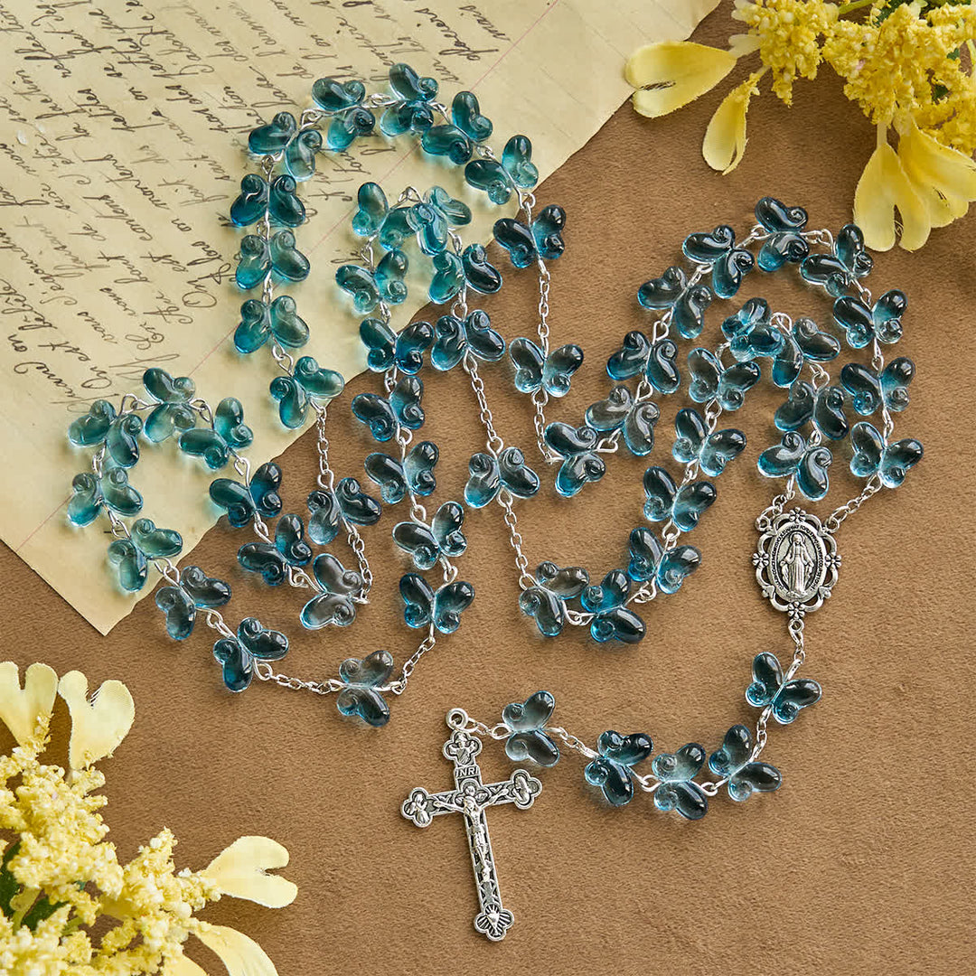 Wings of Devotion Shimmering Blue Butterfly Prayer Bracelet, Animal Rosary