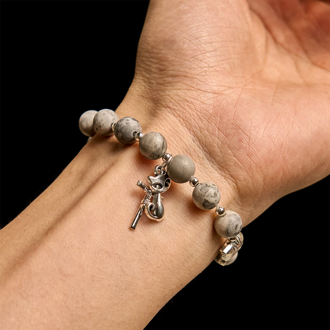 Gentle Guardian Light Grey Tabby Cat Prayer Animal Bracelet