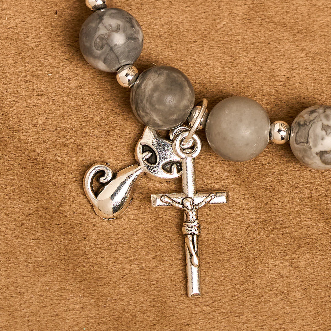 Gentle Guardian Light Grey Tabby Cat Prayer Animal Bracelet