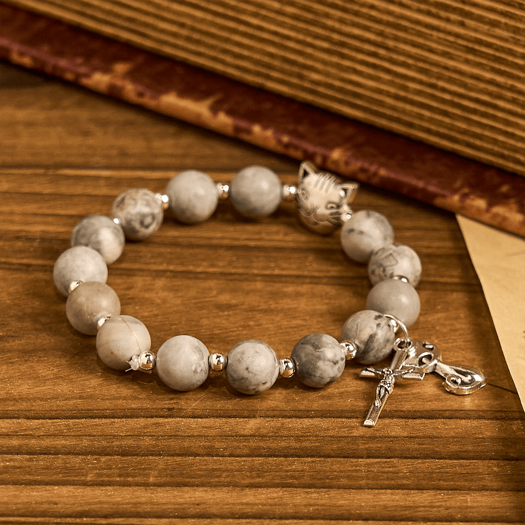 Light Grey Tabby Cat Prayer Rosary: Prayerful Care for Stray Cats Bracelet, Animal Rosary