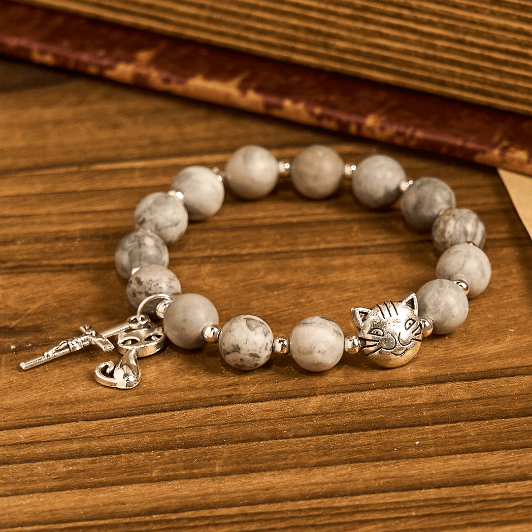 Gentle Guardian Light Grey Tabby Cat Prayer Animal Bracelet