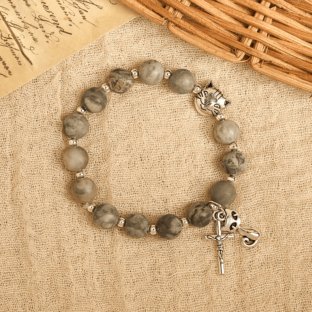 Light Grey Tabby Cat Prayer Rosary: Prayerful Care for Stray Cats Bracelet, Animal Rosary