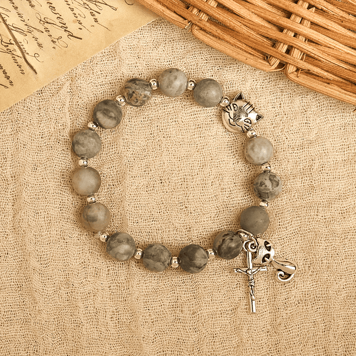 Light Grey Tabby Cat Prayer Rosary: Prayerful Care for Stray Cats Bracelet, Animal Rosary