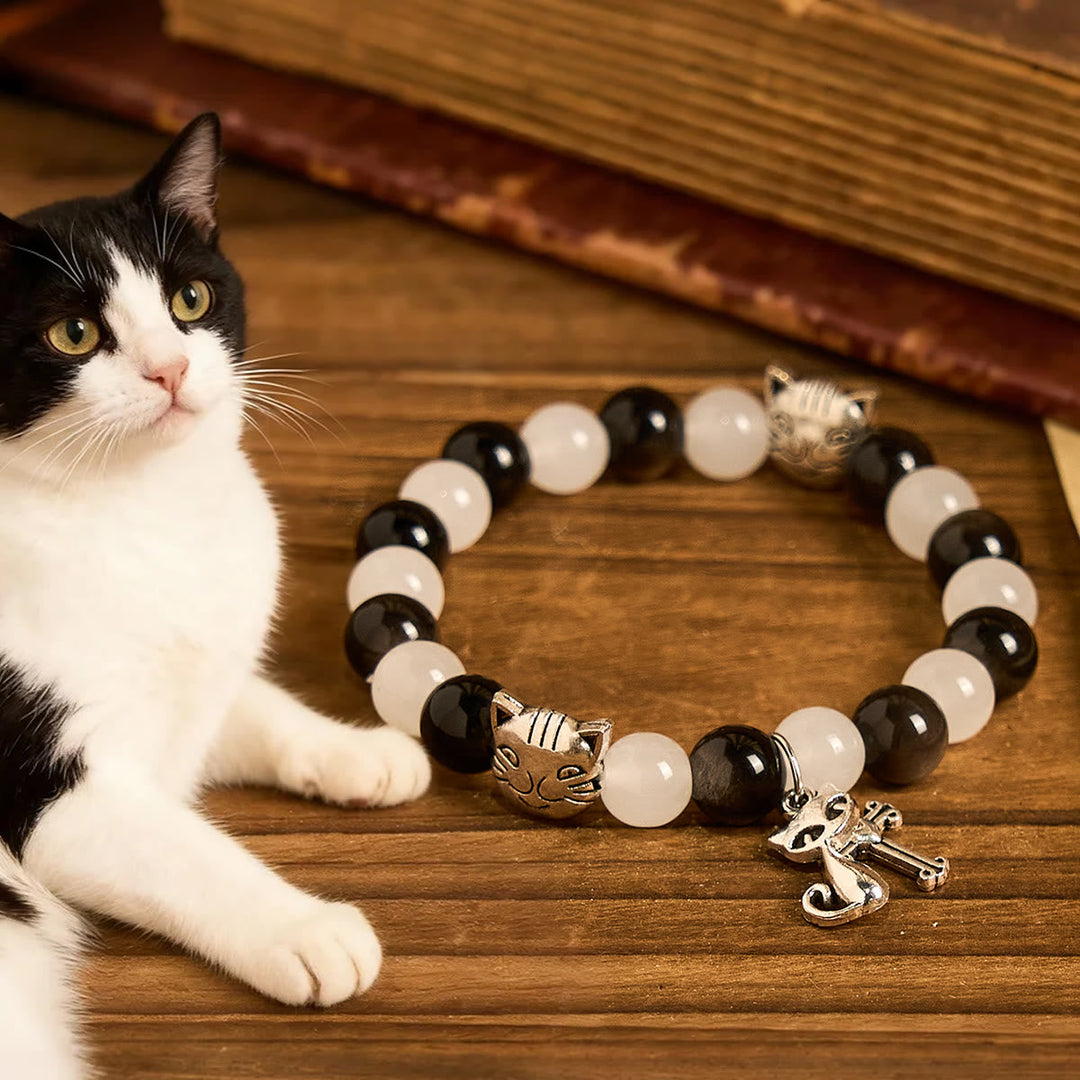Our Lady's Blessing with Black & White Cow Cat Beads Bracelet, Animal Rosary