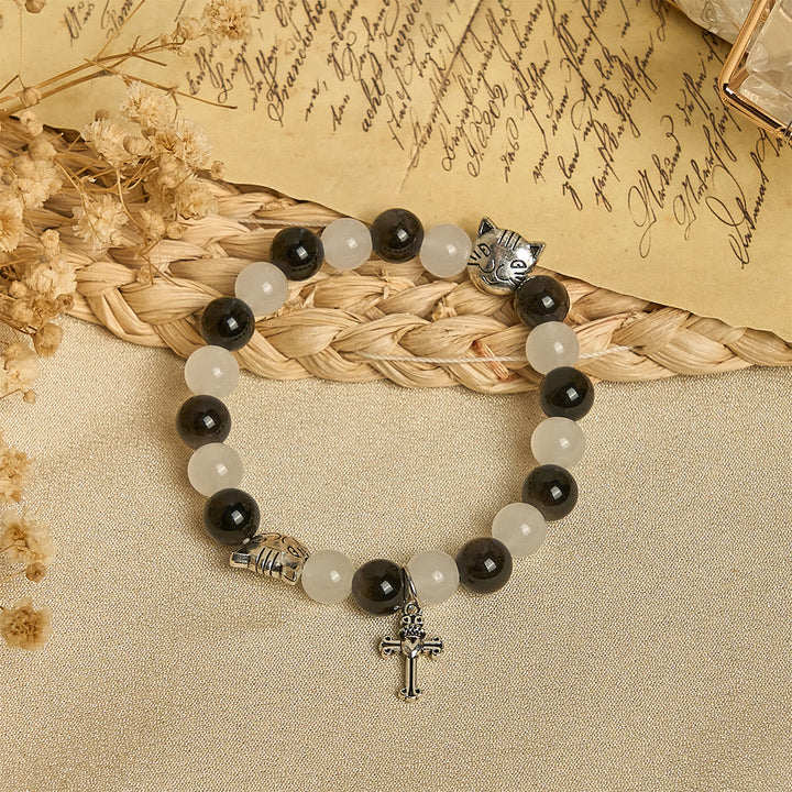 Our Lady's Blessing with Black & White Cow Cat Beads Animal Bracelet