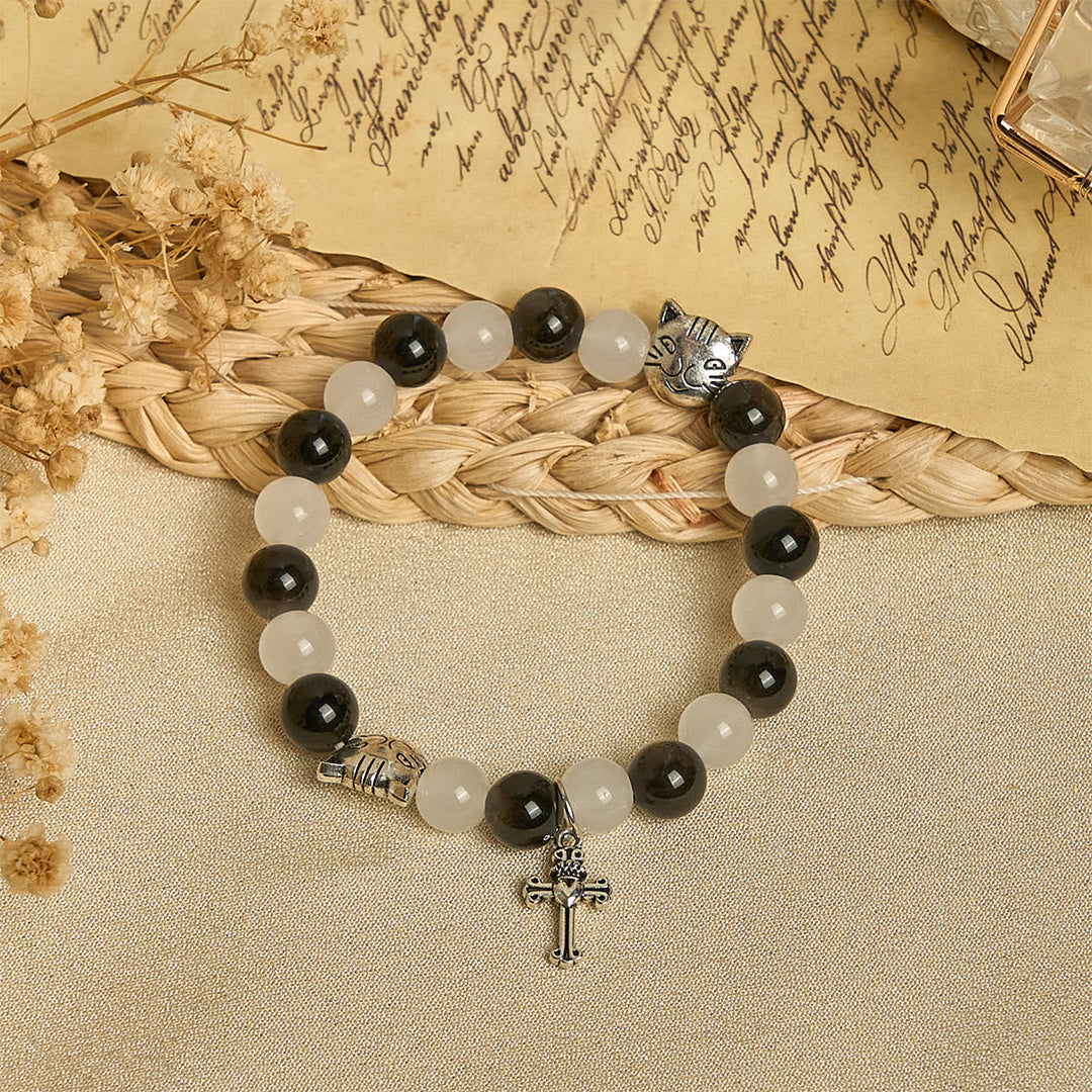 Our Lady's Blessing with Black & White Cow Cat Beads Bracelet, Animal Rosary