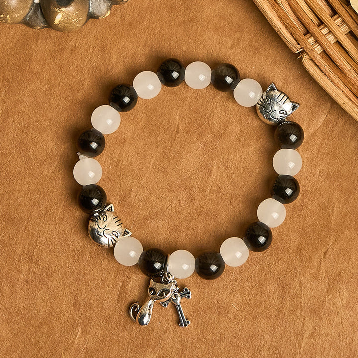 Our Lady's Blessing with Black & White Cow Cat Beads Bracelet, Animal Rosary