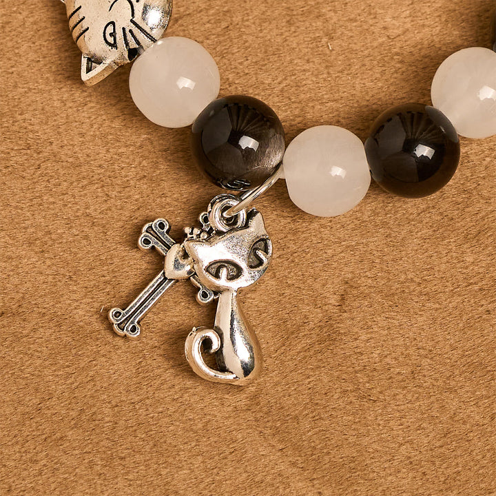 Our Lady's Blessing with Black & White Cow Cat Beads Bracelet, Animal Rosary