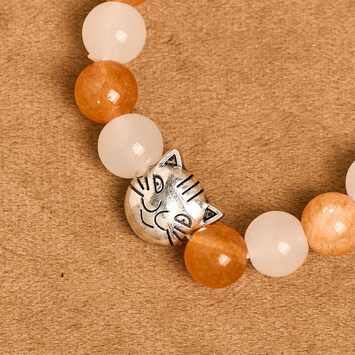 Orange & White Quartz with Cat Face Stainless Steel Charms of Orange Tabby Animal Bracelet