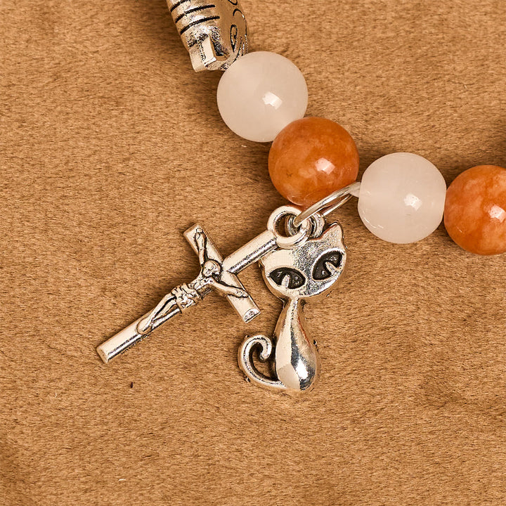 Orange & White Quartz with Cat Face Stainless Steel Charms of Orange Tabby Bracelet, Animal Rosary