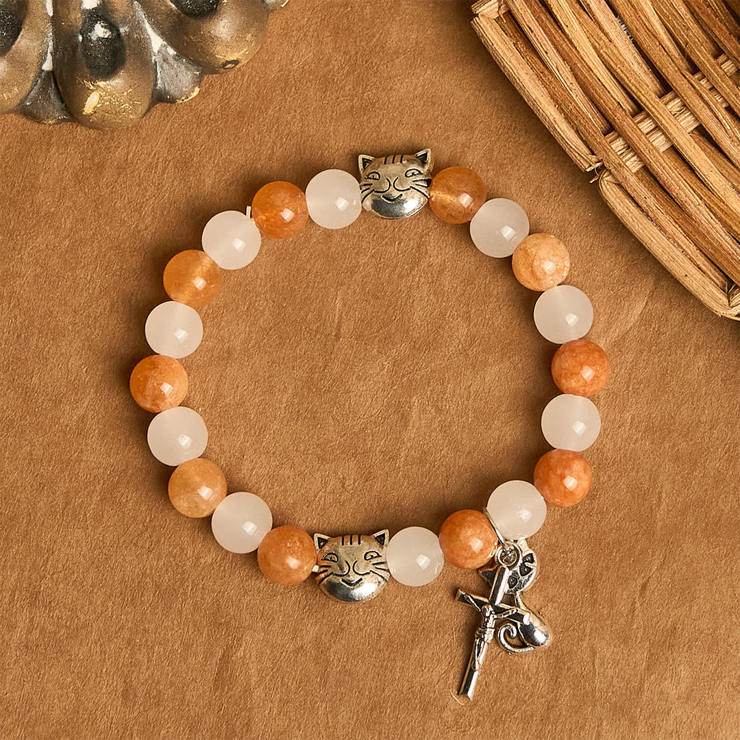 Orange & White Quartz with Cat Face Stainless Steel Charms of Orange Tabby Animal Bracelet
