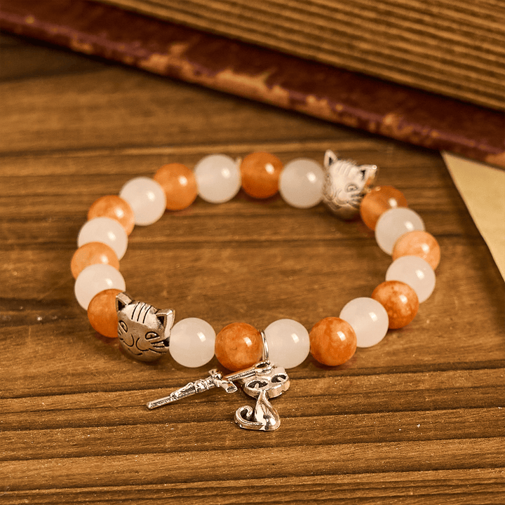 Orange & White Quartz with Cat Face Stainless Steel Charms of Orange Tabby Bracelet, Animal Rosary