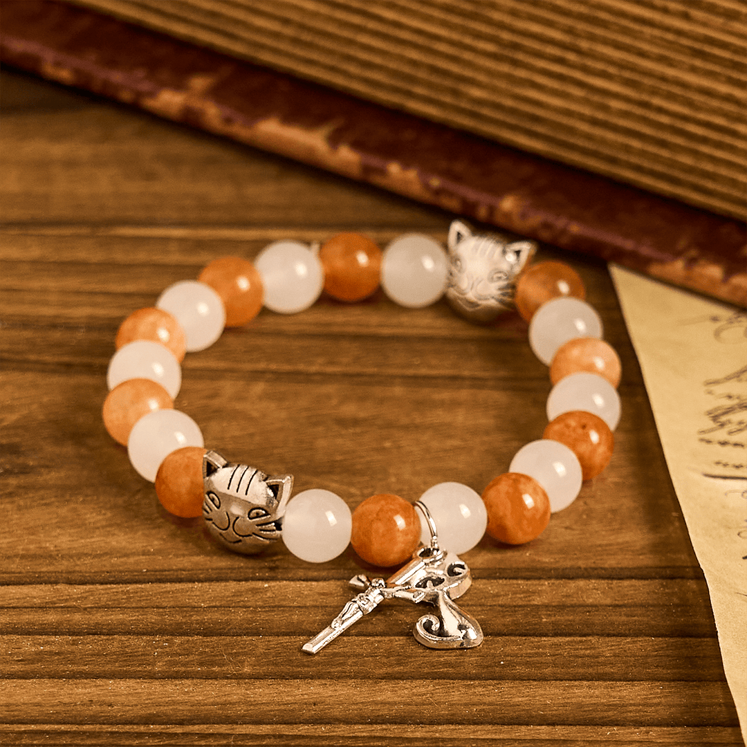 Orange & White Quartz with Cat Face Stainless Steel Charms of Orange Tabby Animal Bracelet