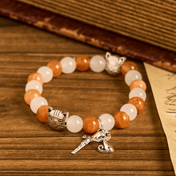 Orange & White Quartz with Cat Face Stainless Steel Charms of Orange Tabby Animal Bracelet