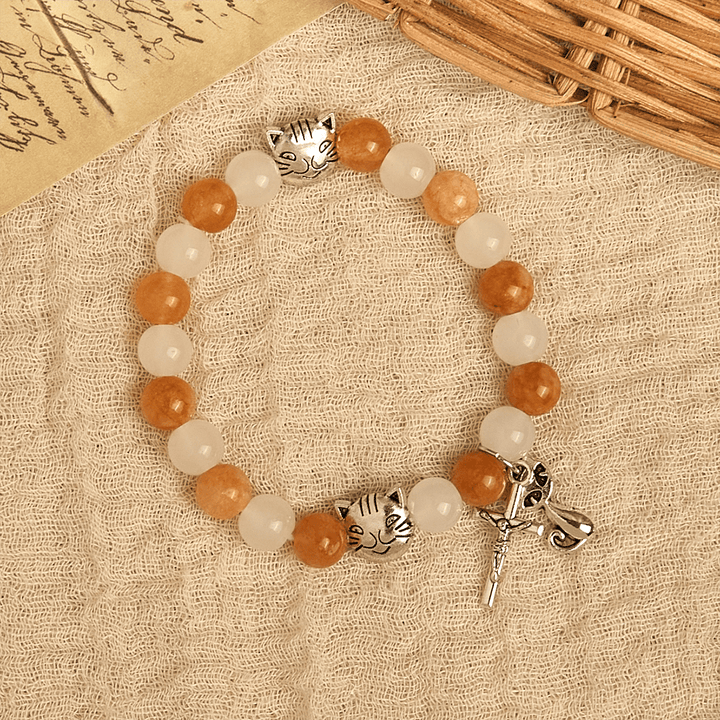 Orange & White Quartz with Cat Face Stainless Steel Charms of Orange Tabby Animal Bracelet