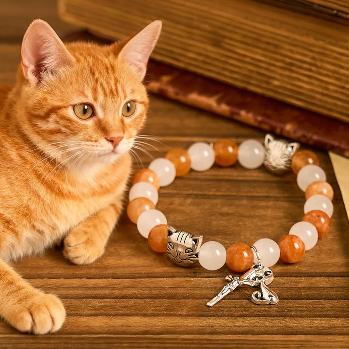 Orange & White Quartz with Cat Face Stainless Steel Charms of Orange Tabby Bracelet, Animal Rosary