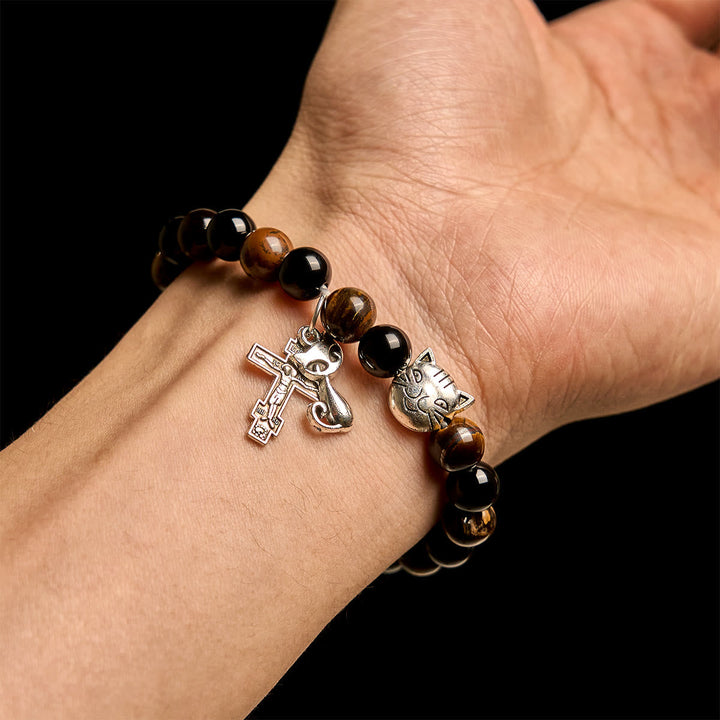 Faithful Tabby Cat with Brown Black Beads for Loving Prayer Animal Bracelet