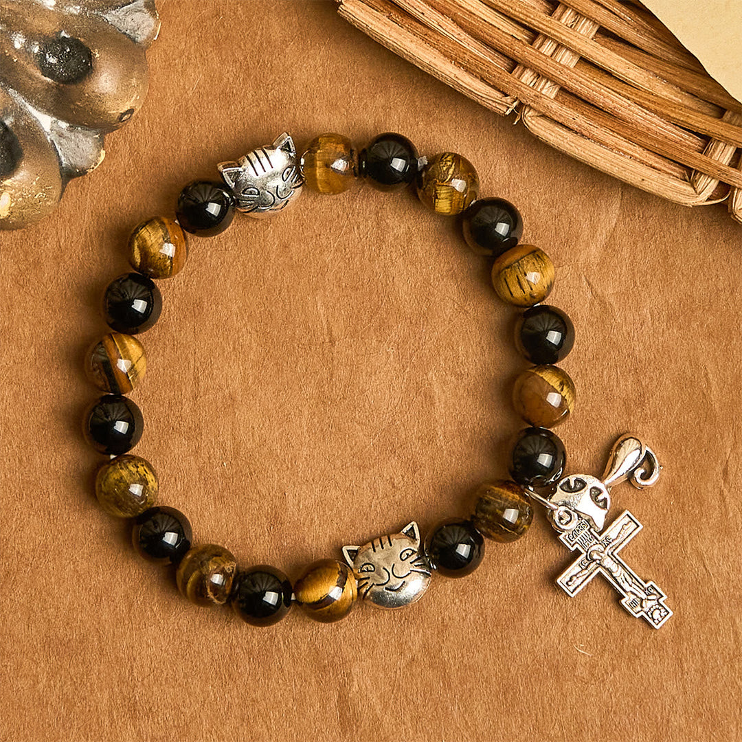Faithful Tabby Cat with Brown Black Beads for Loving Prayer Animal Bracelet