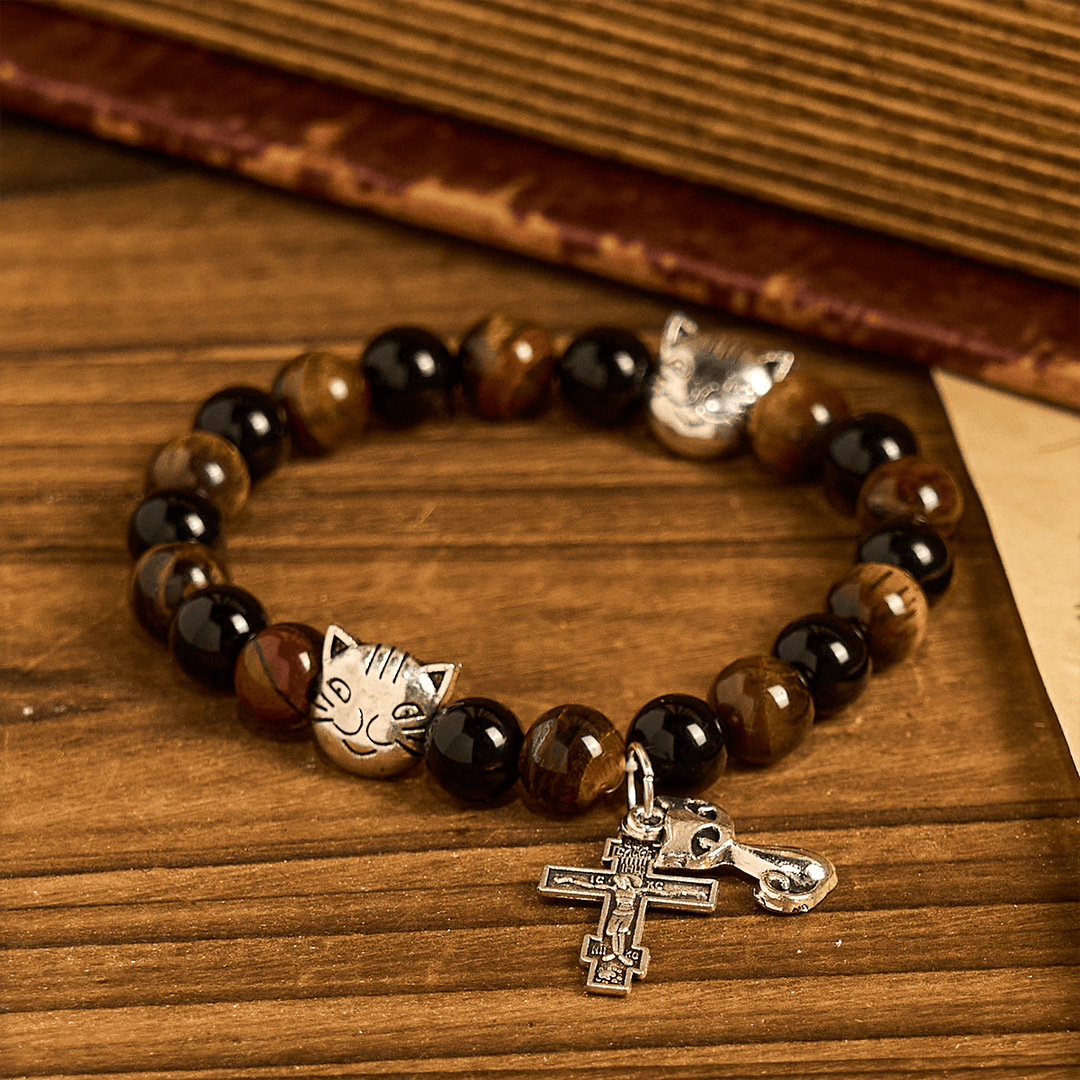 Faithful Tabby Cat with Brown Black Beads for Loving Prayer Animal Bracelet