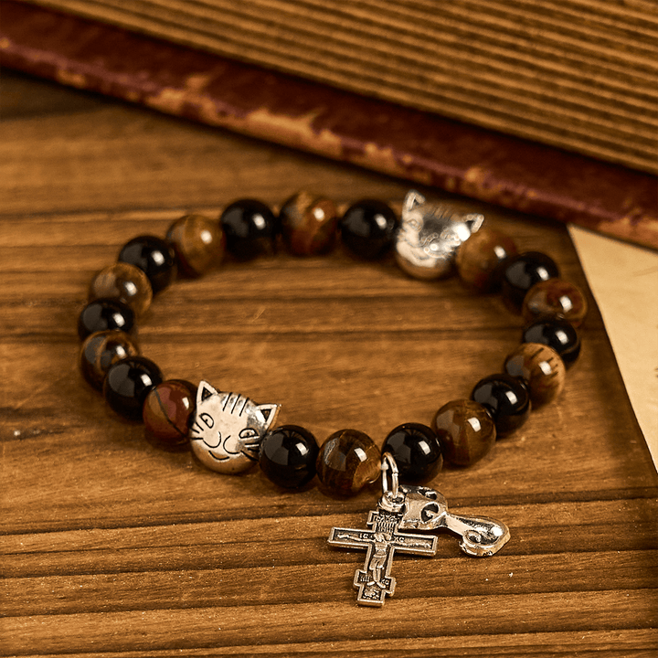 Faithful Tabby Cat with Brown Black Beads for Loving Prayer Animal Bracelet