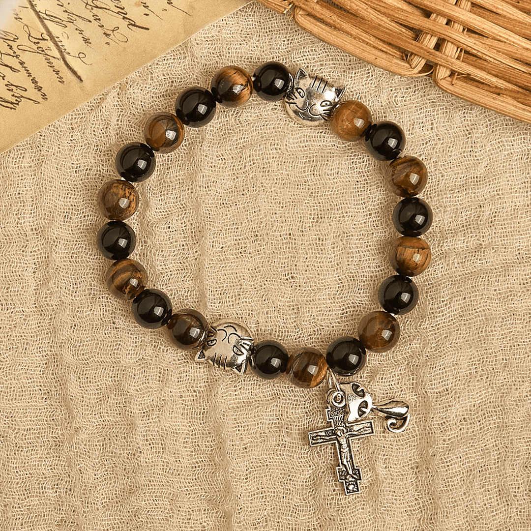 Faithful Tabby Cat with Brown Black Beads for Loving Prayer Animal Bracelet