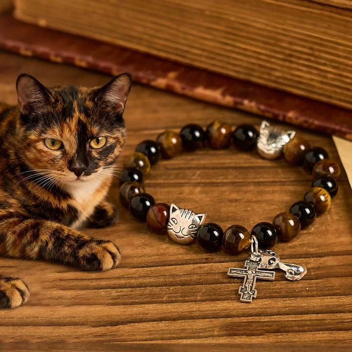 Faithful Tabby Cat with Brown Black Beads for Loving Prayer Animal Bracelet