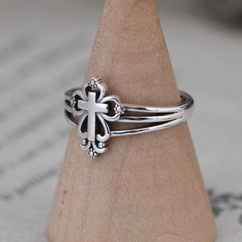 Cathedral Style Sterling Ornate Cross Ring with Floral Scrolls