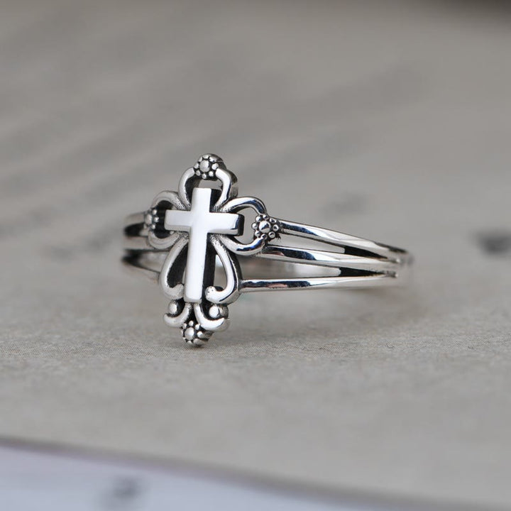Cathedral Style Sterling Ornate Cross Ring with Floral Scrolls