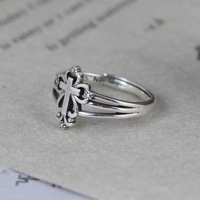 Cathedral Style Sterling Ornate Cross Ring with Floral Scrolls