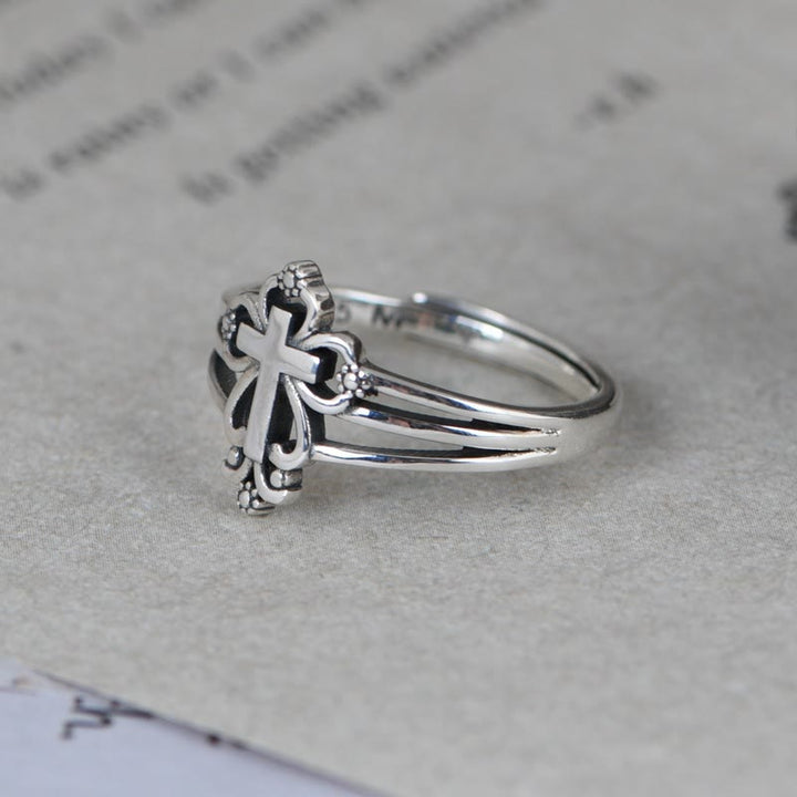 Cathedral Style Sterling Ornate Cross Ring with Floral Scrolls